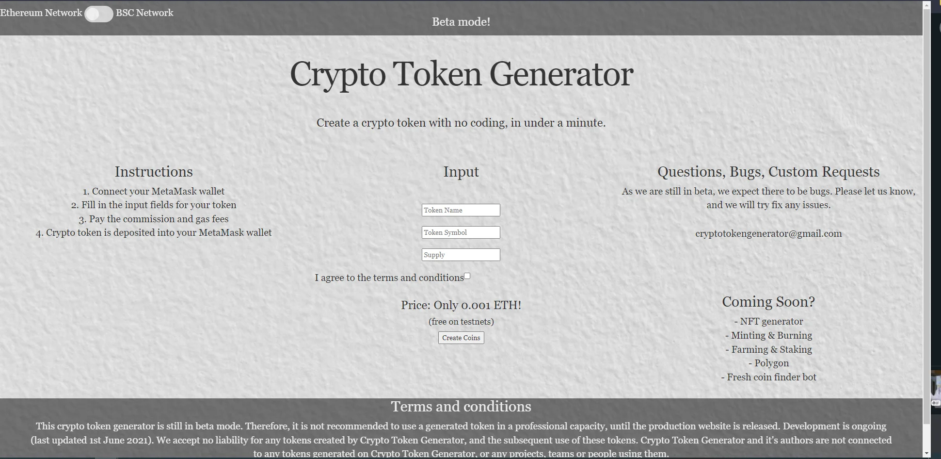 Crypto token generator interface